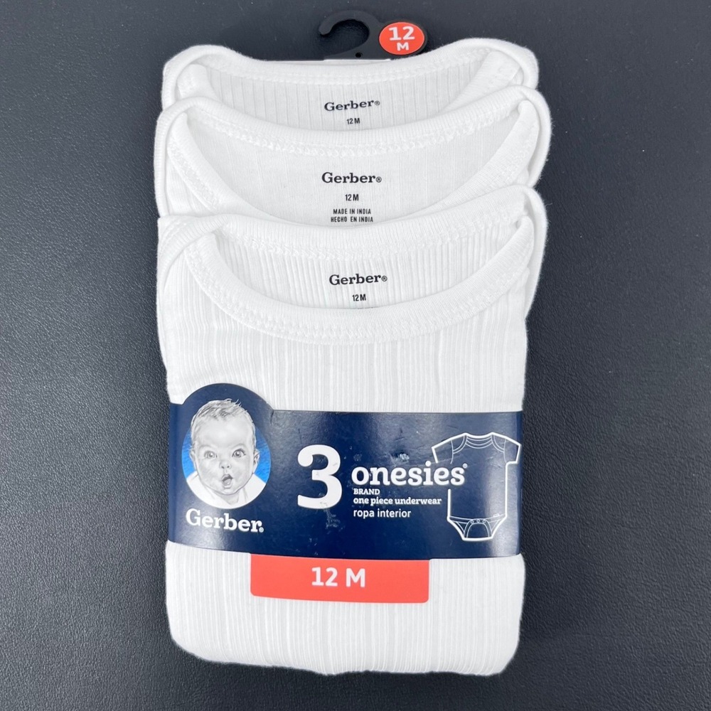 Gerber Onesies Bodysuits Unisex 12M White 3-Pack Ribbed Cotton Short Sleeve Snap